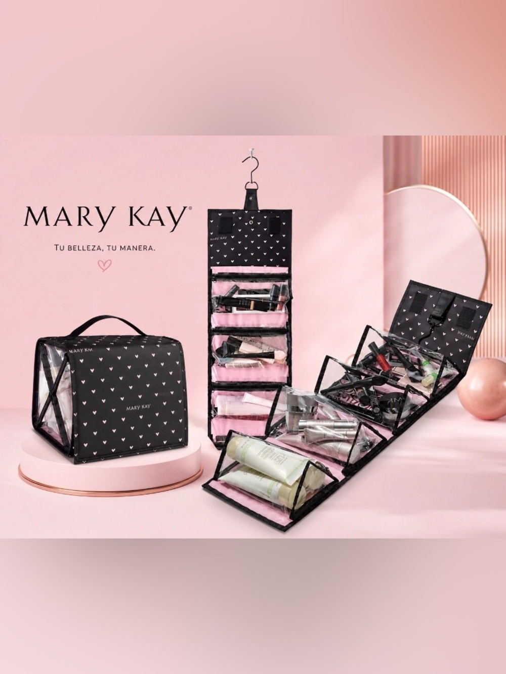 Mary Kay Black & Pink Heart Foldable Cosmetic Makeup Organizer Travel Bag